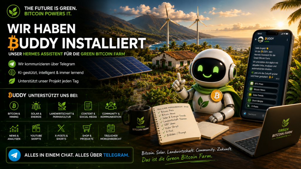 Der kleine KI Hermes Agent Buddy hilft uns auf der Green Bitcoin Farm