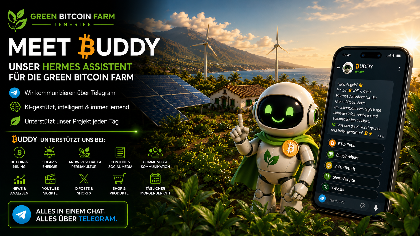 Der Hermes KI Agent Buddy der Green Bitcoin Farm