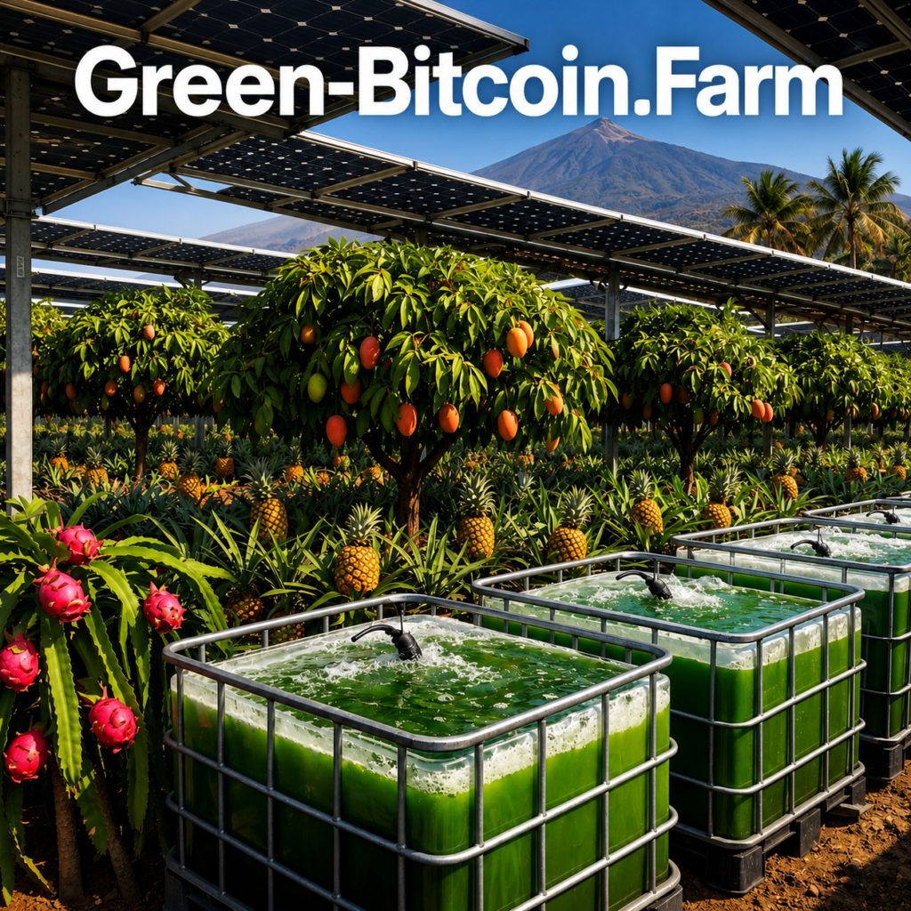 Agri PV Projekt Green Bitcoin Farm auf Teneriffa mit Spirulina Tanks und Dragon Fruits, Mango Bäumen