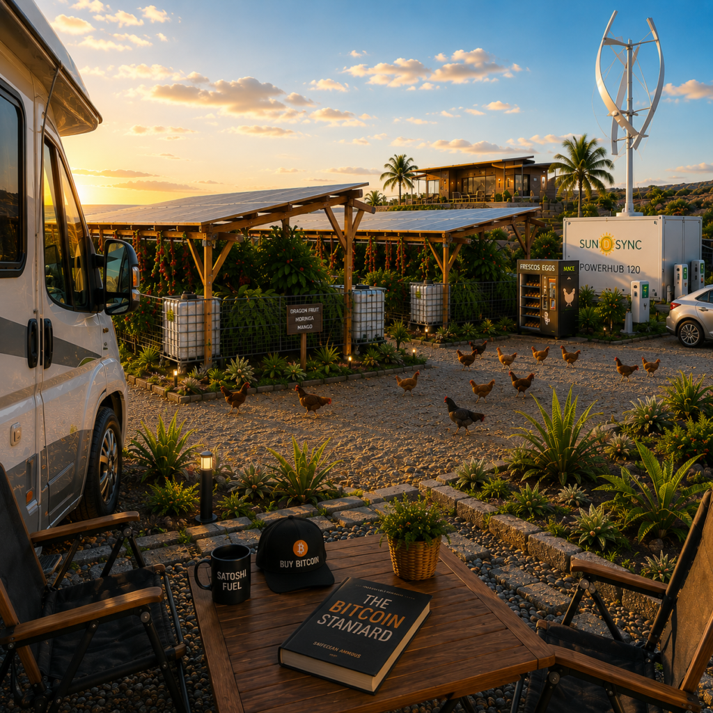 Blick vom Wohnmobil aus auf die Green Bitcoin Farm auf Teneriffa