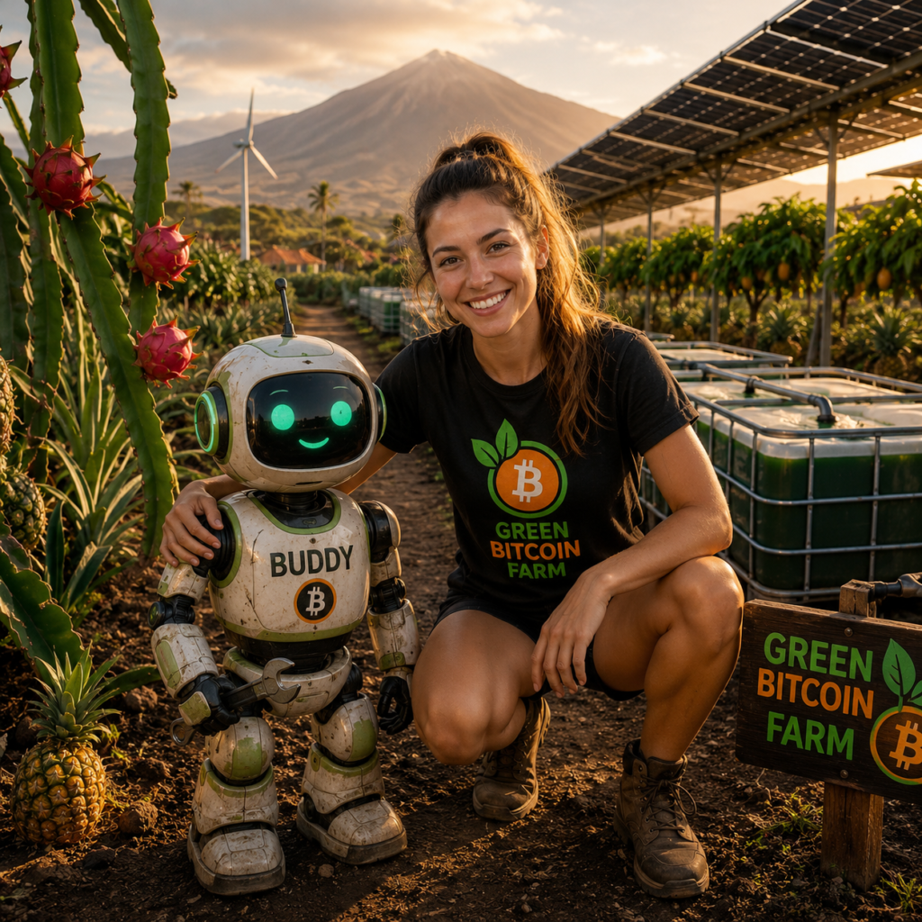 Livia mit BUDDY auf der Green Bitcoin Farm. Unsere beiden KI Assistenten